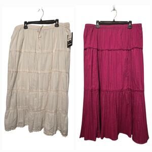 Set 2 Tiered Cotton Maxi Skirts Womens XXL 2X Magenta White Boho Peasant Cottage